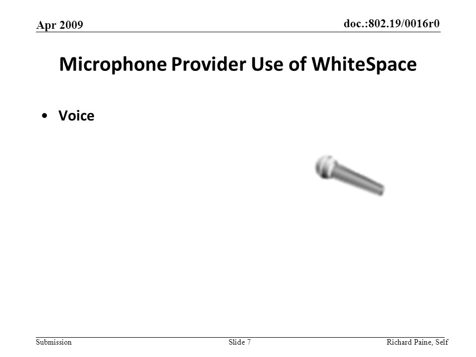 doc.:802.19/0016r0 Submission Apr 2009 Richard Paine, Self Slide 7 Microphone Provider Use of WhiteSpace Voice