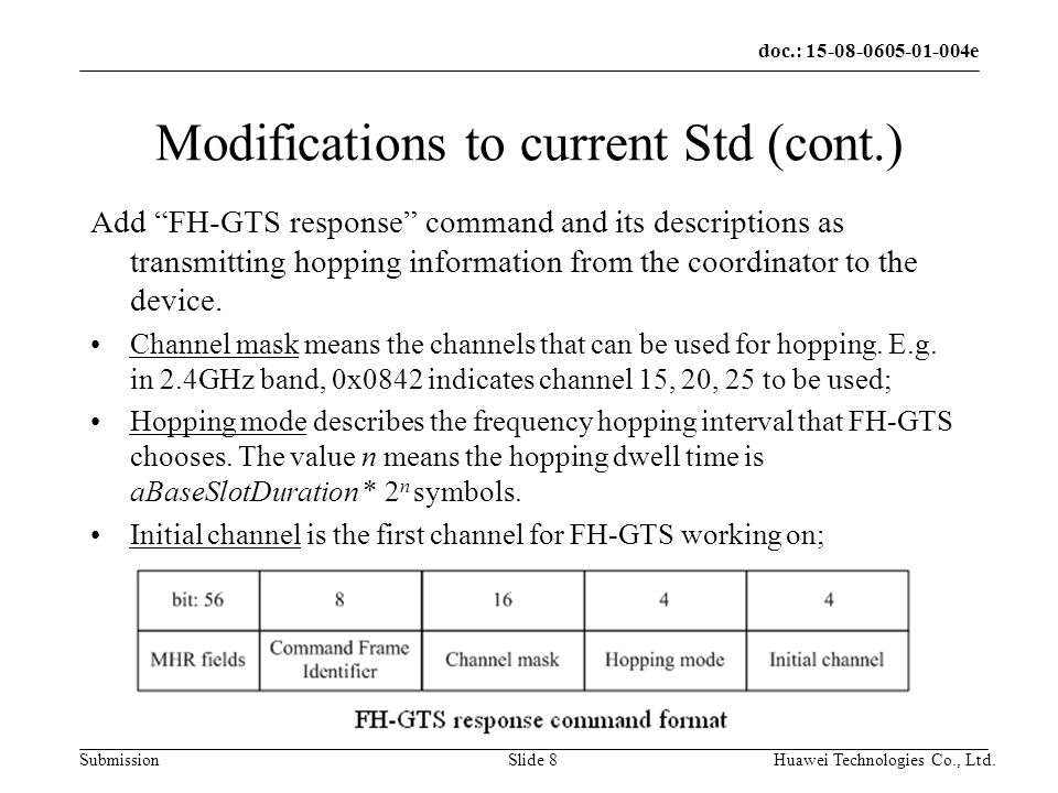 doc.: e Submission Huawei Technologies Co., Ltd.Slide 8 Modifications to current Std (cont.) Add FH-GTS response command and its descriptions as transmitting hopping information from the coordinator to the device.