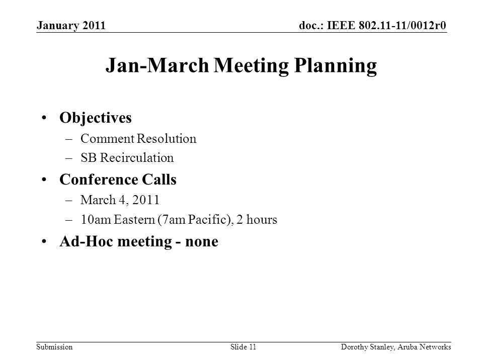 doc.: IEEE /0012r0 Submission January 2011 Dorothy Stanley, Aruba NetworksSlide 11 Jan-March Meeting Planning Objectives –Comment Resolution –SB Recirculation Conference Calls –March 4, 2011 –10am Eastern (7am Pacific), 2 hours Ad-Hoc meeting - none