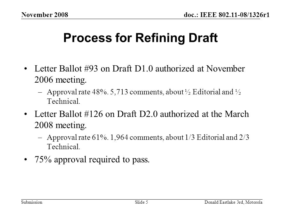doc.: IEEE /1326r1 Submission November 2008 Donald Eastlake 3rd, MotorolaSlide 5 Process for Refining Draft Letter Ballot #93 on Draft D1.0 authorized at November 2006 meeting.