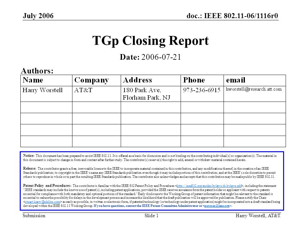 doc.: IEEE /1116r0 Submission July 2006 Harry Worstell, AT&T.Slide 1 TGp Closing Report Notice: This document has been prepared to assist IEEE