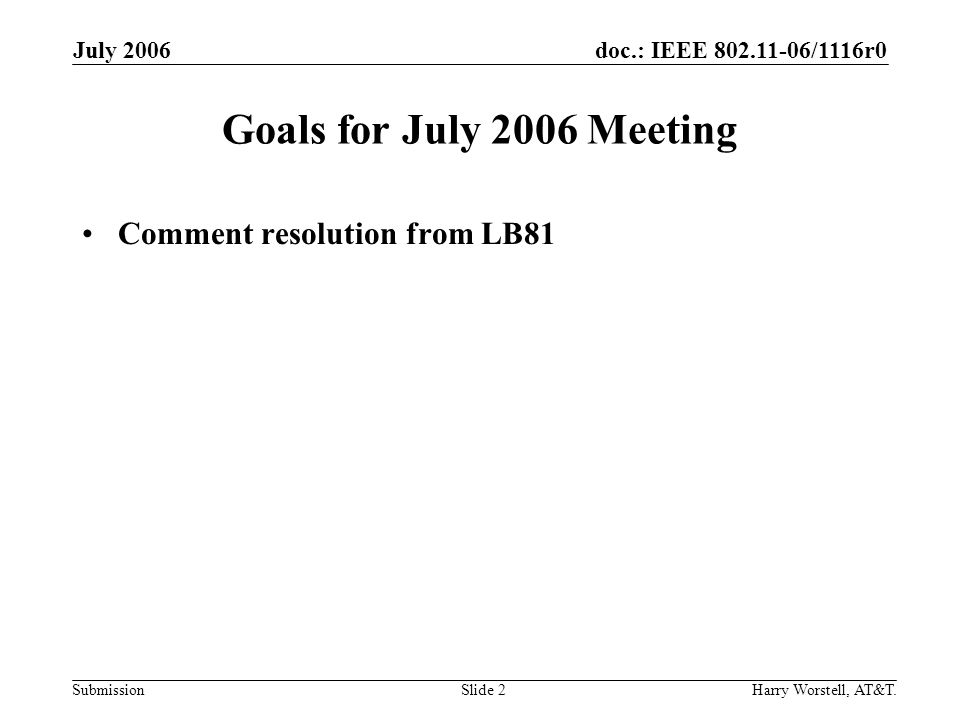 doc.: IEEE /1116r0 Submission July 2006 Harry Worstell, AT&T.Slide 2 Goals for July 2006 Meeting Comment resolution from LB81