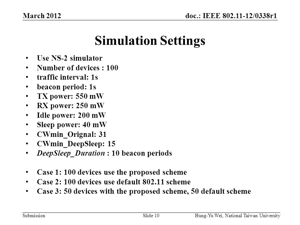 doc.: IEEE /0338r1 Submission Simulation Settings March 2012 Hung-Yu Wei, National Taiwan UniversitySlide 10 Use NS-2 simulator Number of devices : 100 traffic interval: 1s beacon period: 1s TX power: 550 mW RX power: 250 mW Idle power: 200 mW Sleep power: 40 mW CWmin_Orignal: 31 CWmin_DeepSleep: 15 DeepSleep_Duration : 10 beacon periods Case 1: 100 devices use the proposed scheme Case 2: 100 devices use default scheme Case 3: 50 devices with the proposed scheme, 50 default scheme