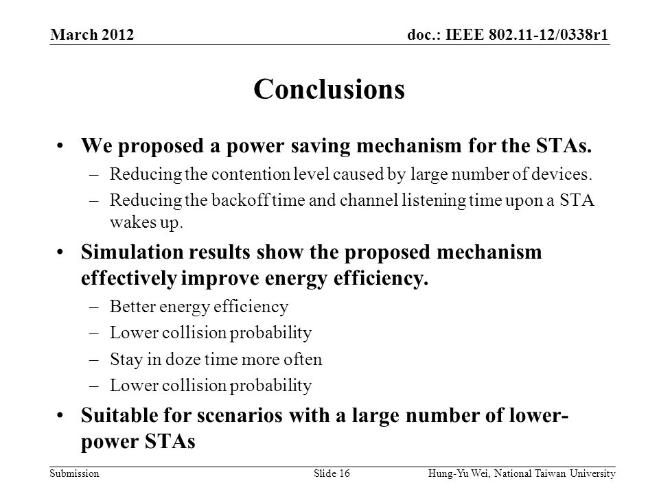doc.: IEEE /0338r1 Submission Conclusions We proposed a power saving mechanism for the STAs.