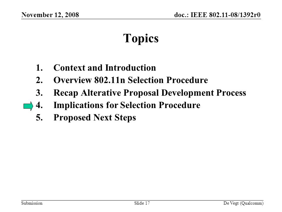 doc.: IEEE /1392r0 Submission November 12, 2008 De Vegt (Qualcomm)Slide 17 Topics 1.Context and Introduction 2.Overview n Selection Procedure 3.Recap Alterative Proposal Development Process 4.Implications for Selection Procedure 5.Proposed Next Steps