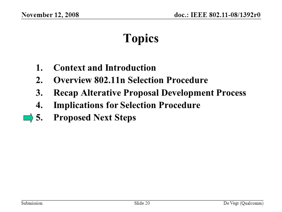 doc.: IEEE /1392r0 Submission November 12, 2008 De Vegt (Qualcomm)Slide 20 Topics 1.Context and Introduction 2.Overview n Selection Procedure 3.Recap Alterative Proposal Development Process 4.Implications for Selection Procedure 5.Proposed Next Steps