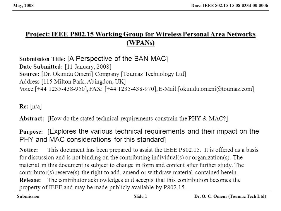 Doc.: IEEE May, 2008 SubmissionSlide 1 Dr.