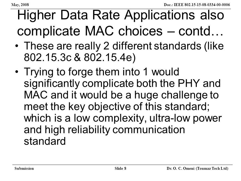 Doc.: IEEE May, 2008 SubmissionSlide 8 Dr.