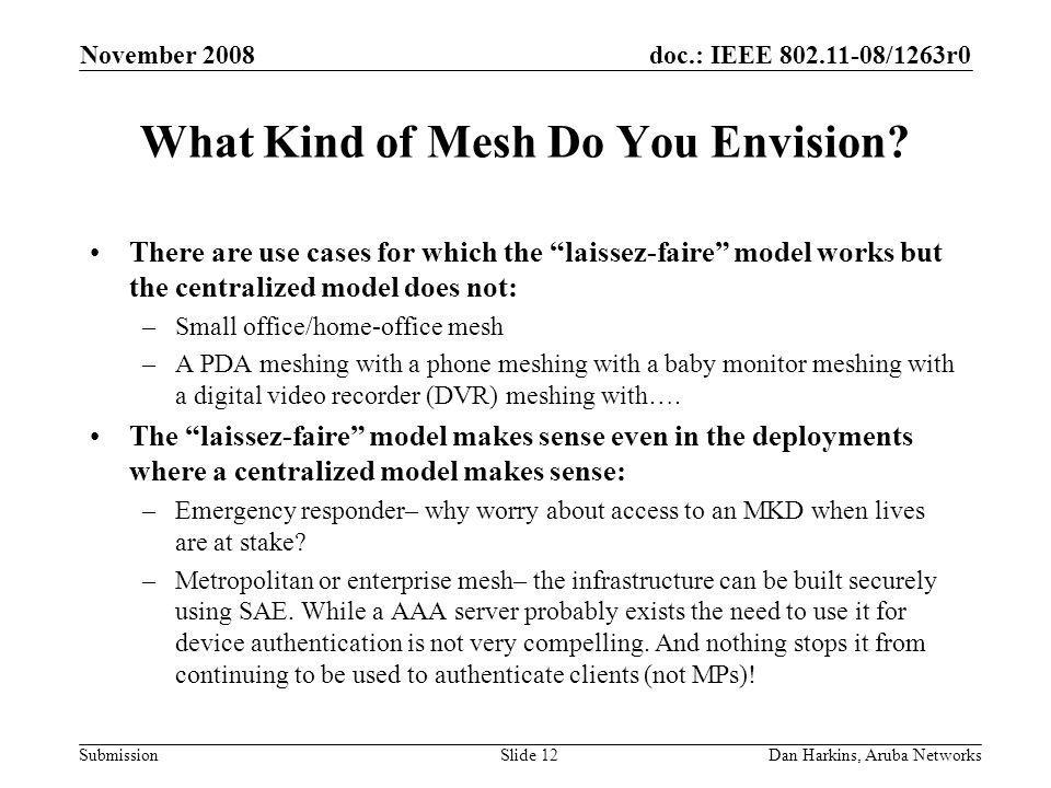 doc.: IEEE /1263r0 Submission November 2008 Dan Harkins, Aruba NetworksSlide 12 What Kind of Mesh Do You Envision.