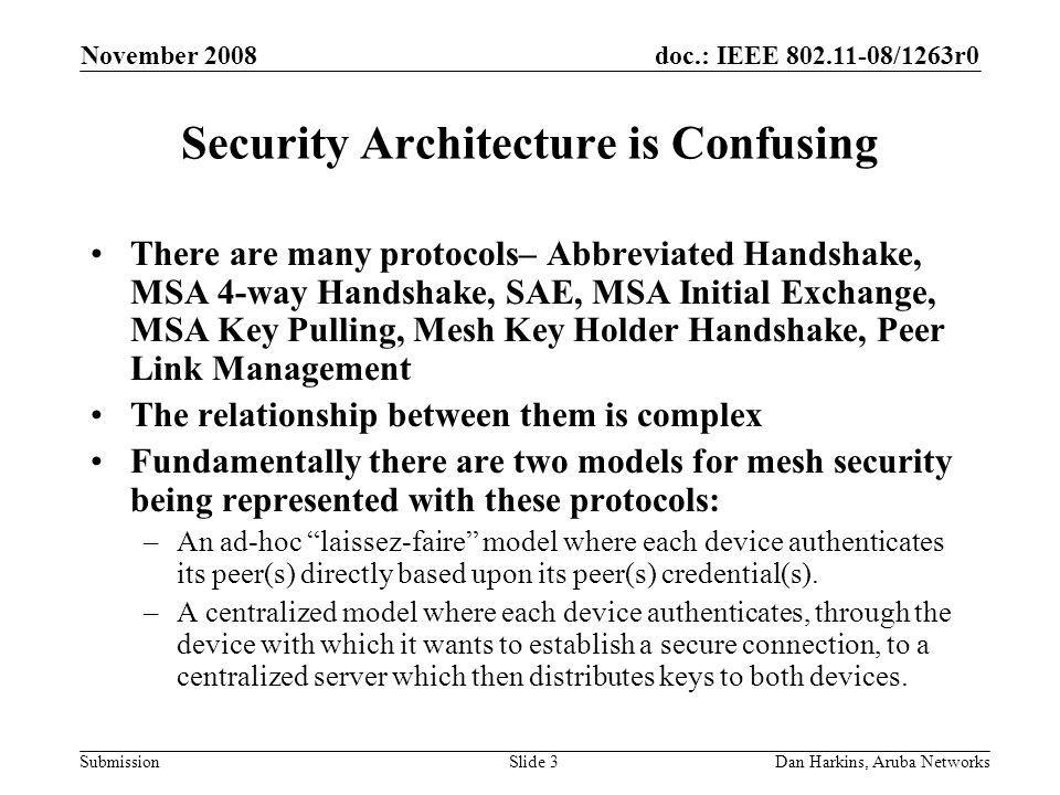 doc.: IEEE /1263r0 Submission November 2008 Dan Harkins, Aruba NetworksSlide 3 Security Architecture is Confusing There are many protocols– Abbreviated Handshake, MSA 4-way Handshake, SAE, MSA Initial Exchange, MSA Key Pulling, Mesh Key Holder Handshake, Peer Link Management The relationship between them is complex Fundamentally there are two models for mesh security being represented with these protocols: –An ad-hoc laissez-faire model where each device authenticates its peer(s) directly based upon its peer(s) credential(s).