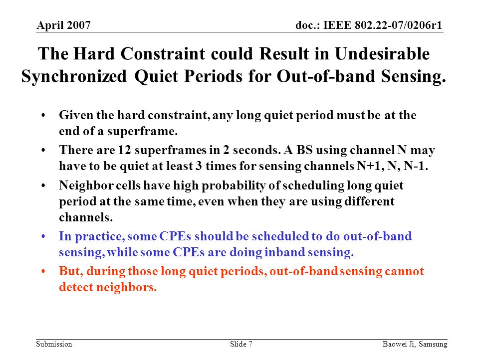 doc.: IEEE /0206r1 Submission April 2007 Baowei Ji, SamsungSlide 7 The Hard Constraint could Result in Undesirable Synchronized Quiet Periods for Out-of-band Sensing.