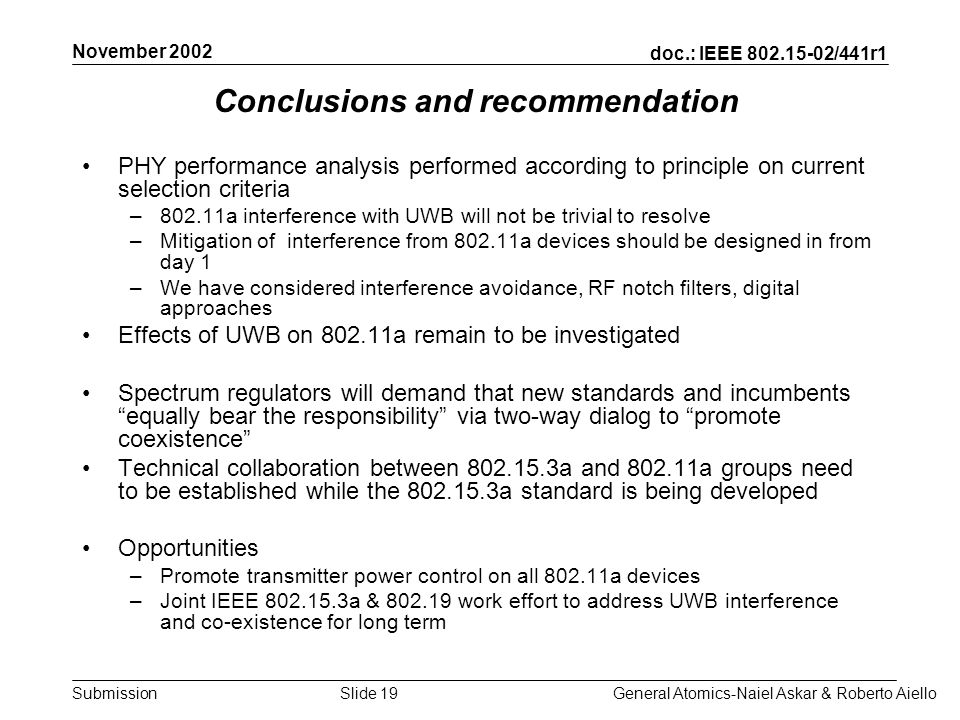 doc.: IEEE /441r1 Submission November 2002 General Atomics-Naiel Askar & Roberto AielloSlide 19 Conclusions and recommendation PHY performance analysis performed according to principle on current selection criteria –802.11a interference with UWB will not be trivial to resolve –Mitigation of interference from a devices should be designed in from day 1 –We have considered interference avoidance, RF notch filters, digital approaches Effects of UWB on a remain to be investigated Spectrum regulators will demand that new standards and incumbents equally bear the responsibility via two-way dialog to promote coexistence Technical collaboration between a and a groups need to be established while the a standard is being developed Opportunities –Promote transmitter power control on all a devices –Joint IEEE a & work effort to address UWB interference and co-existence for long term