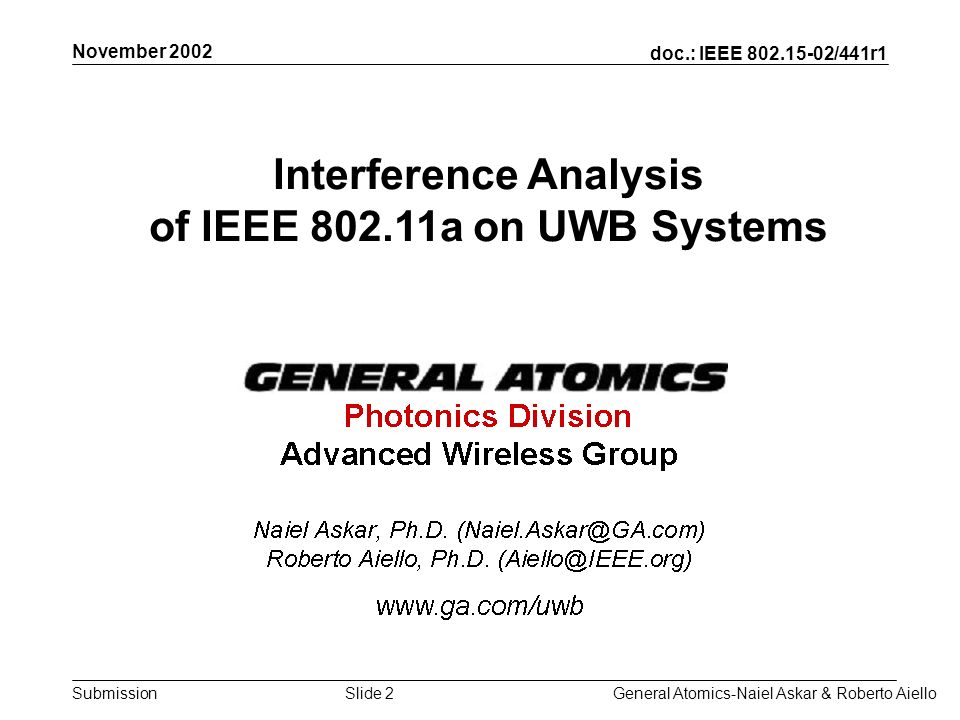 doc.: IEEE /441r1 Submission November 2002 General Atomics-Naiel Askar & Roberto AielloSlide 2 Interference Analysis of IEEE a on UWB Systems