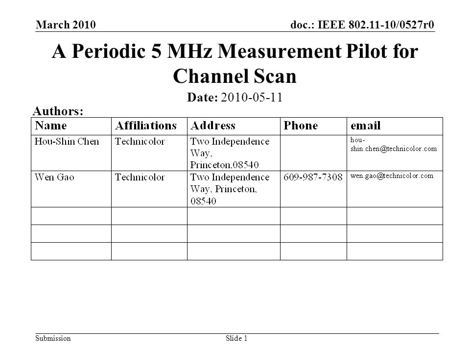 doc.: IEEE /0527r0 Submission March 2010 Slide 1 A Periodic 5 MHz Measurement Pilot for Channel Scan Date: Authors:
