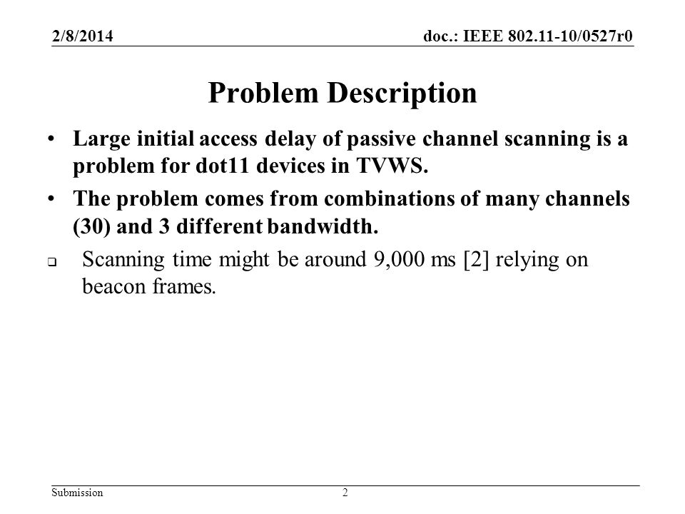 doc.: IEEE /0527r0 Submission Problem Description Large initial access delay of passive channel scanning is a problem for dot11 devices in TVWS.