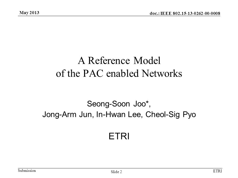 doc.: IEEE Submission ETRI May 2013 Slide 2 A Reference Model of the PAC enabled Networks Seong-Soon Joo*, Jong-Arm Jun, In-Hwan Lee, Cheol-Sig Pyo ETRI