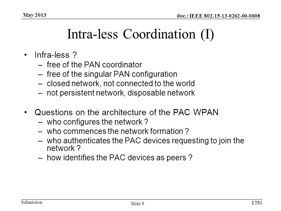 doc.: IEEE Submission ETRI May 2013 Intra-less Coordination (I) Infra-less .