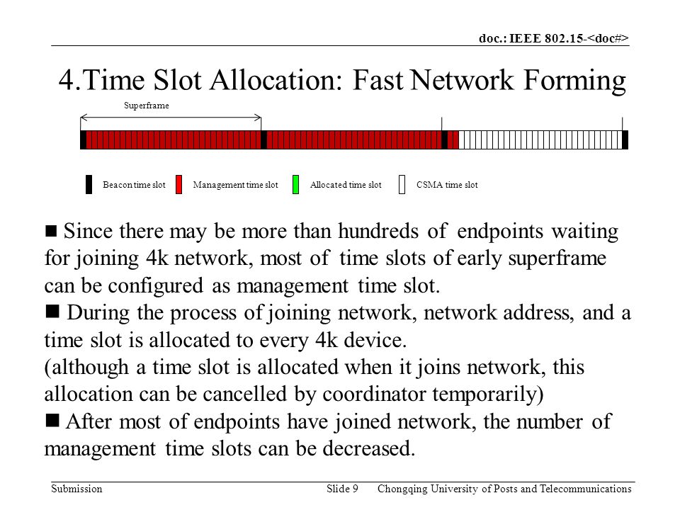 doc.: IEEE SubmissionChongqing University of Posts and TelecommunicationsSlide 9 4.Time Slot Allocation: Fast Network Forming Since there may be more than hundreds of endpoints waiting for joining 4k network, most of time slots of early superframe can be configured as management time slot.