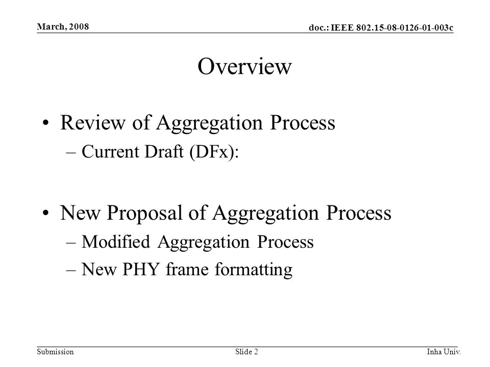 doc.: IEEE c Submission March, 2008 Inha Univ.Slide 2 Overview Review of Aggregation Process –Current Draft (DFx): New Proposal of Aggregation Process –Modified Aggregation Process –New PHY frame formatting