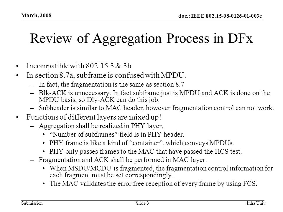 doc.: IEEE c Submission March, 2008 Inha Univ.Slide 3 Review of Aggregation Process in DFx Incompatible with & 3b In section 8.7a, subframe is confused with MPDU.