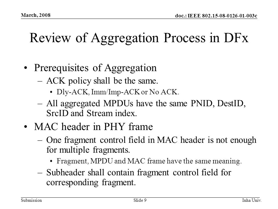 doc.: IEEE c Submission March, 2008 Inha Univ.Slide 9 Review of Aggregation Process in DFx Prerequisites of Aggregation –ACK policy shall be the same.