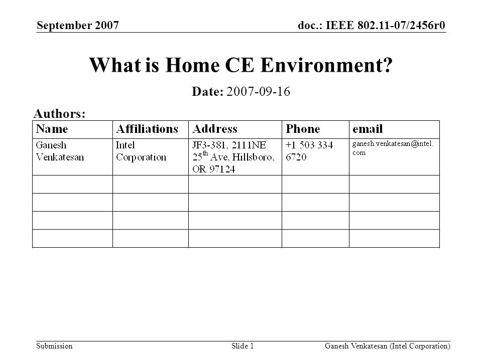 doc.: IEEE /2456r0 Submission September 2007 Ganesh Venkatesan (Intel Corporation)Slide 1 What is Home CE Environment.