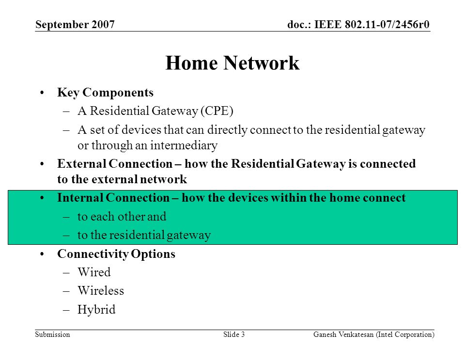 doc.: IEEE /2456r0 Submission Home Network Key Components –A Residential Gateway (CPE) –A set of devices that can directly connect to the residential gateway or through an intermediary External Connection – how the Residential Gateway is connected to the external network Internal Connection – how the devices within the home connect –to each other and –to the residential gateway Connectivity Options –Wired –Wireless –Hybrid September 2007 Ganesh Venkatesan (Intel Corporation)Slide 3