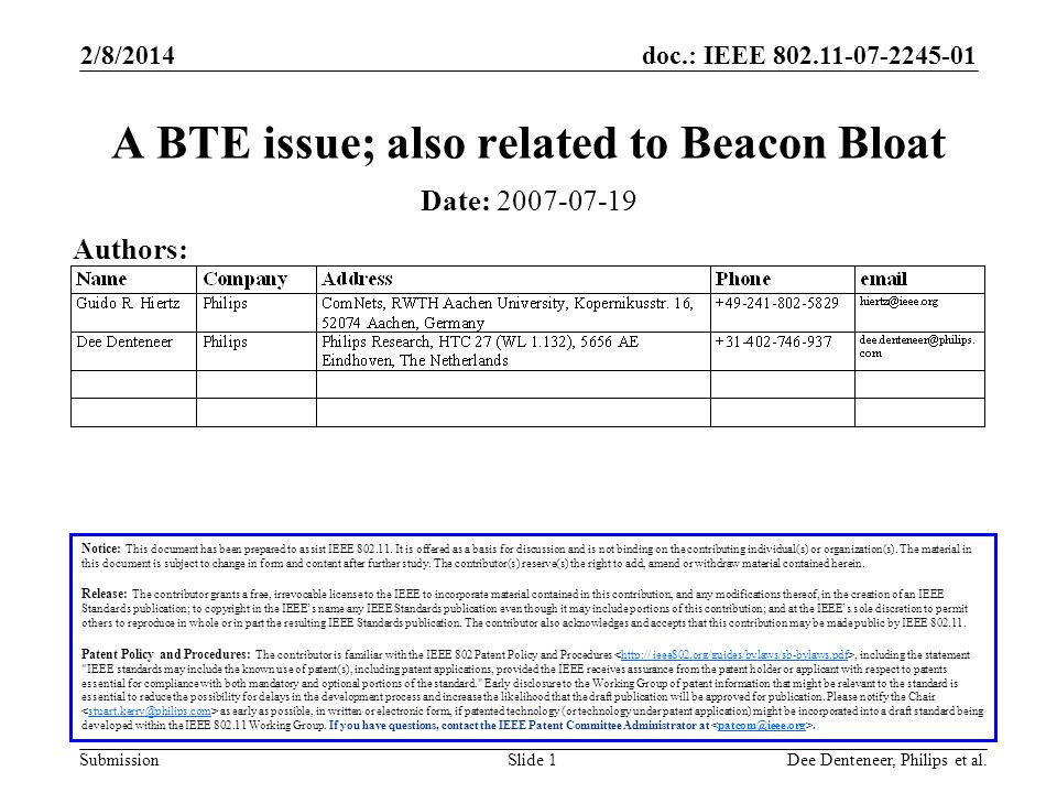 doc.: IEEE Submission 2/8/2014 Dee Denteneer, Philips et al.Slide 1 A BTE issue; also related to Beacon Bloat Notice: This document has been prepared to assist IEEE