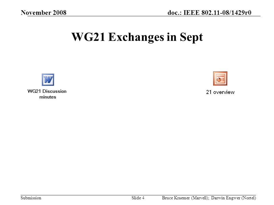 doc.: IEEE /1429r0 Submission November 2008 Bruce Kraemer (Marvell); Darwin Engwer (Nortel)Slide 4 WG21 Exchanges in Sept