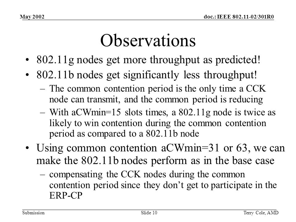 doc.: IEEE /301R0 Submission May 2002 Terry Cole, AMDSlide 10 Observations g nodes get more throughput as predicted.