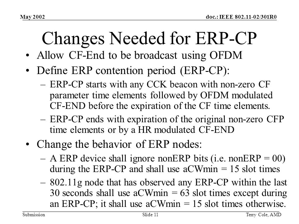 doc.: IEEE /301R0 Submission May 2002 Terry Cole, AMDSlide 11 Changes Needed for ERP-CP Allow CF-End to be broadcast using OFDM Define ERP contention period (ERP-CP): –ERP-CP starts with any CCK beacon with non-zero CF parameter time elements followed by OFDM modulated CF-END before the expiration of the CF time elements.