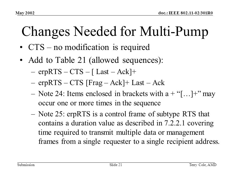 doc.: IEEE /301R0 Submission May 2002 Terry Cole, AMDSlide 21 Changes Needed for Multi-Pump CTS – no modification is required Add to Table 21 (allowed sequences): –erpRTS – CTS – [ Last – Ack]+ –erpRTS – CTS [Frag – Ack]+ Last – Ack –Note 24: Items enclosed in brackets with a + […]+ may occur one or more times in the sequence –Note 25: erpRTS is a control frame of subtype RTS that contains a duration value as described in covering time required to transmit multiple data or management frames from a single requester to a single recipient address.