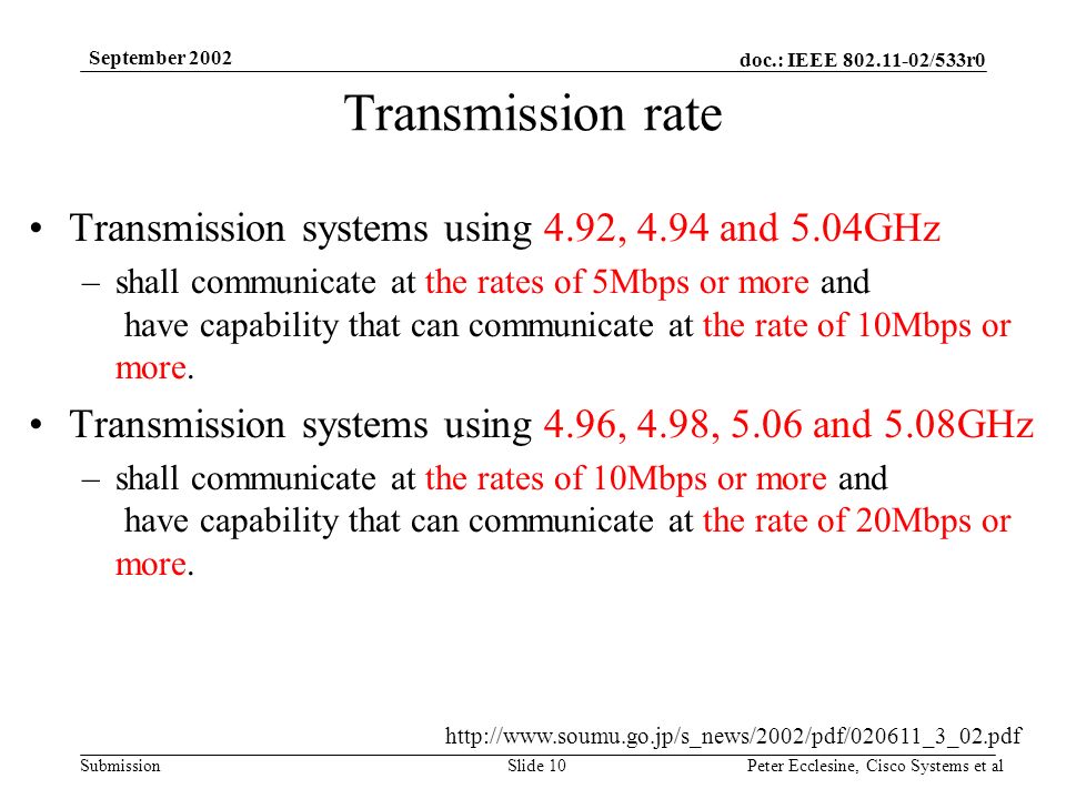 doc.: IEEE /533r0 Submission September 2002 Peter Ecclesine, Cisco Systems et alSlide 10 Transmission rate Transmission systems using 4.92, 4.94 and 5.04GHz –shall communicate at the rates of 5Mbps or more and have capability that can communicate at the rate of 10Mbps or more.