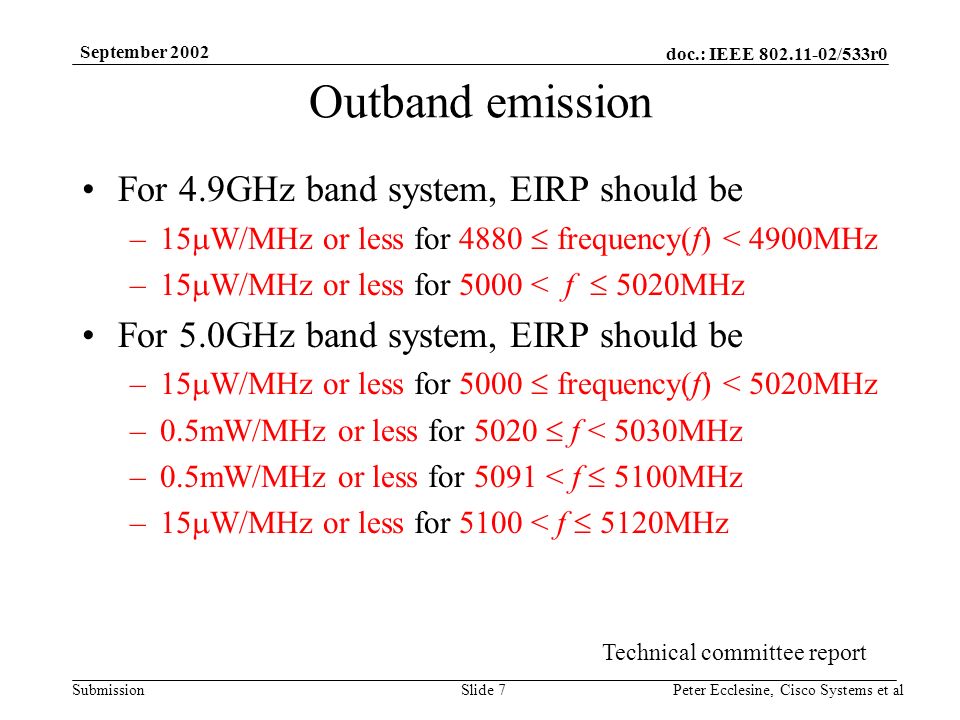 doc.: IEEE /533r0 Submission September 2002 Peter Ecclesine, Cisco Systems et alSlide 7 Outband emission For 4.9GHz band system, EIRP should be –15 W/MHz or less for 4880 frequency(f) < 4900MHz –15 W/MHz or less for 5000 < f 5020MHz For 5.0GHz band system, EIRP should be –15 W/MHz or less for 5000 frequency(f) < 5020MHz –0.5mW/MHz or less for 5020 f < 5030MHz –0.5mW/MHz or less for 5091 < f 5100MHz –15 W/MHz or less for 5100 < f 5120MHz Technical committee report