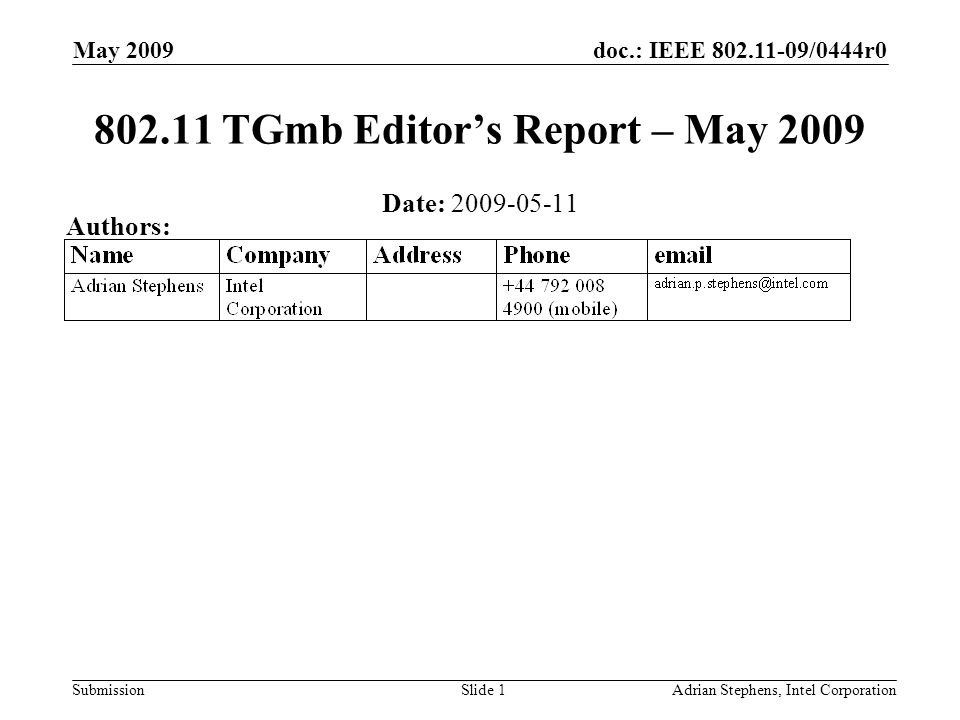 doc.: IEEE /0444r0 Submission May 2009 Adrian Stephens, Intel CorporationSlide TGmb Editors Report – May 2009 Date: Authors: