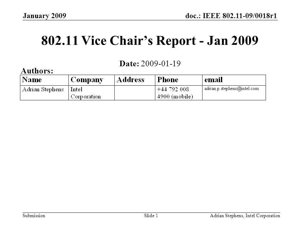 doc.: IEEE /0018r1 Submission January 2009 Adrian Stephens, Intel CorporationSlide Vice Chairs Report - Jan 2009 Date: Authors: