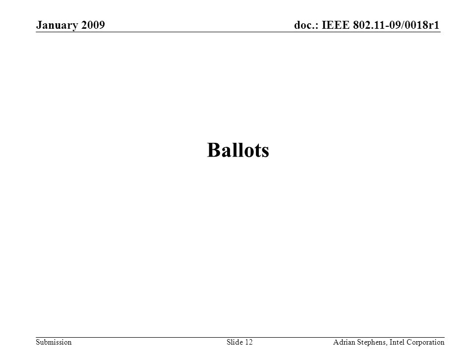 doc.: IEEE /0018r1 Submission January 2009 Adrian Stephens, Intel CorporationSlide 12 Ballots