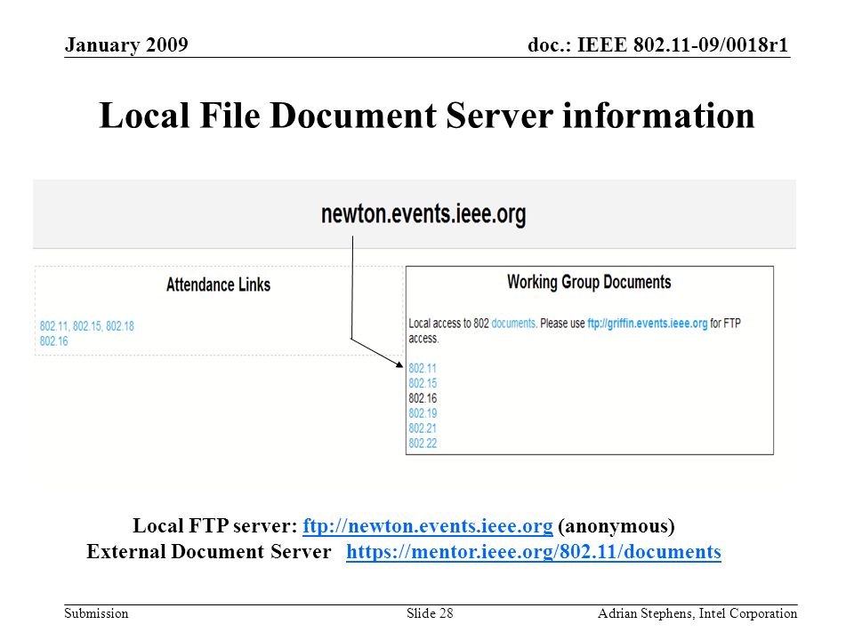 doc.: IEEE /0018r1 Submission January 2009 Adrian Stephens, Intel CorporationSlide 28 Local File Document Server information Local FTP server: ftp://newton.events.ieee.org (anonymous)ftp://newton.events.ieee.org External Document Server