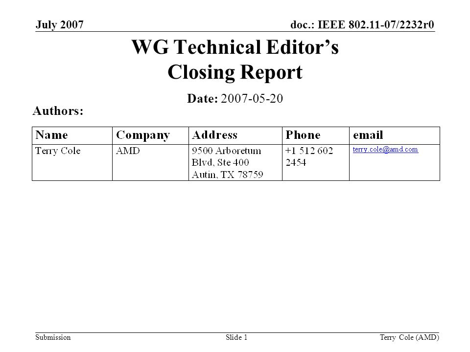 Submission doc.: IEEE /2232r0July 2007 Terry Cole (AMD)Slide 1 WG Technical Editors Closing Report Date: Authors: