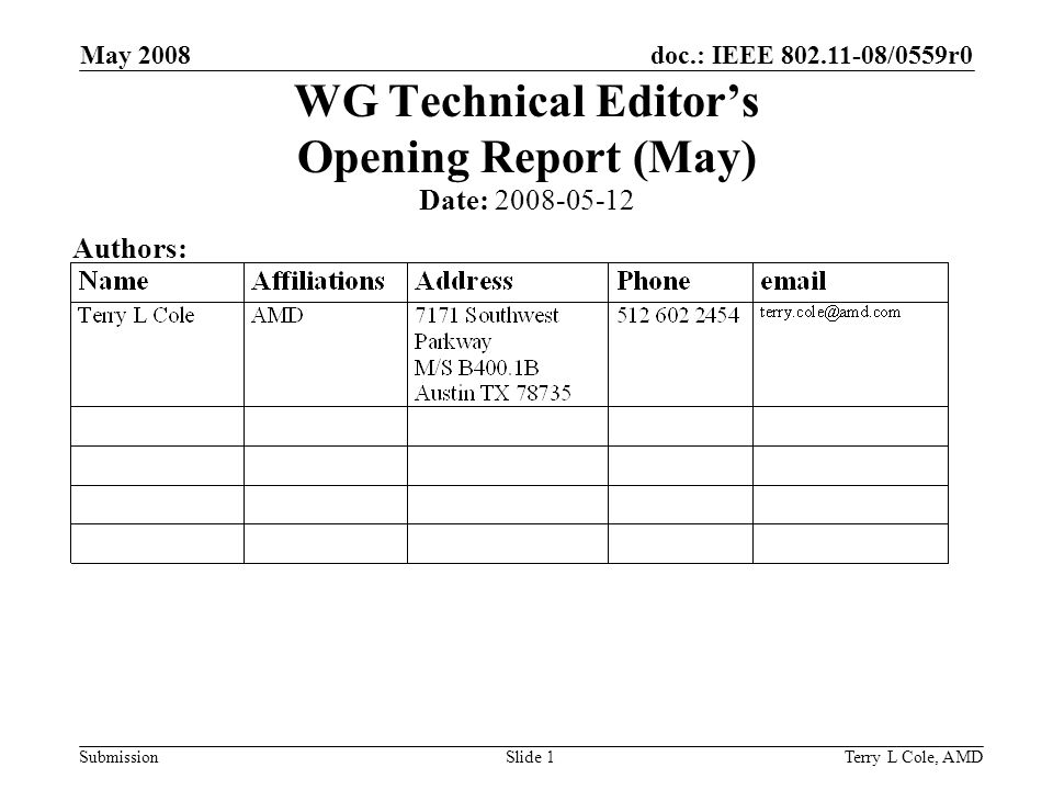 doc.: IEEE /0559r0 Submission May 2008 Terry L Cole, AMDSlide 1 WG Technical Editors Opening Report (May) Date: Authors: