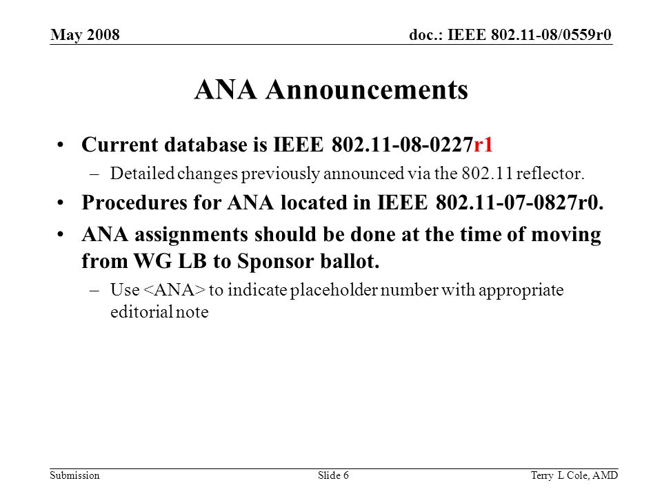doc.: IEEE /0559r0 Submission May 2008 Terry L Cole, AMDSlide 6 ANA Announcements Current database is IEEE r1 –Detailed changes previously announced via the reflector.