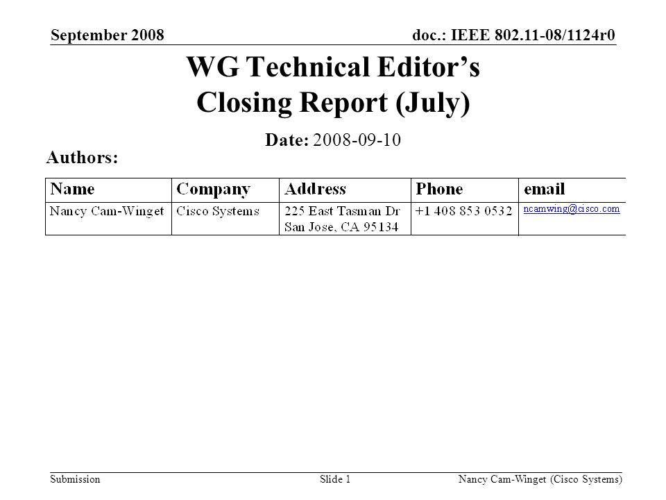 Submission doc.: IEEE /1124r0 Nancy Cam-Winget (Cisco Systems)Slide 1 WG Technical Editors Closing Report (July) Date: Authors: September 2008