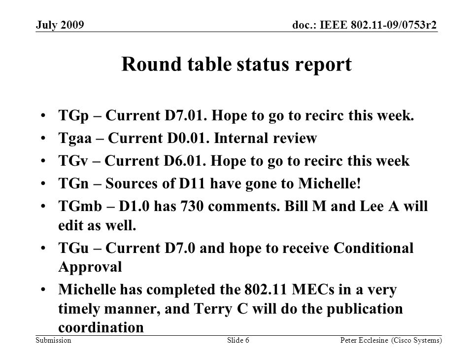 Submission doc.: IEEE /0753r2July 2009 Peter Ecclesine (Cisco Systems) Round table status report TGp – Current D7.01.