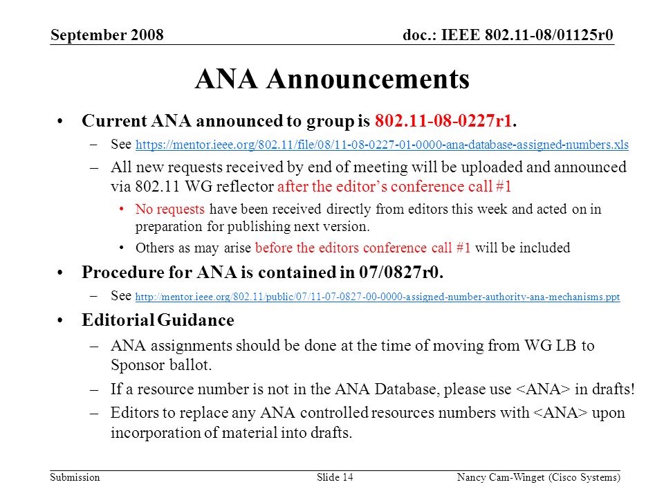 Submission doc.: IEEE /01125r0 Nancy Cam-Winget (Cisco Systems)Slide 14 ANA Announcements Current ANA announced to group is r1.