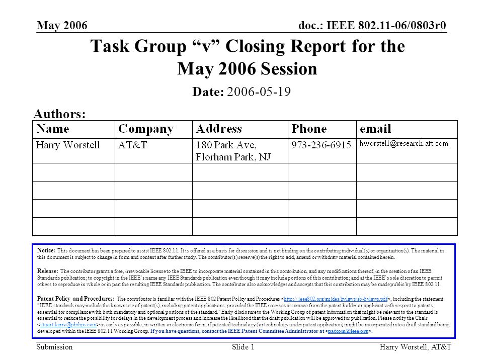 doc.: IEEE /0803r0 Submission May 2006 Harry Worstell, AT&TSlide 1 Task Group v Closing Report for the May 2006 Session Notice: This document has been prepared to assist IEEE