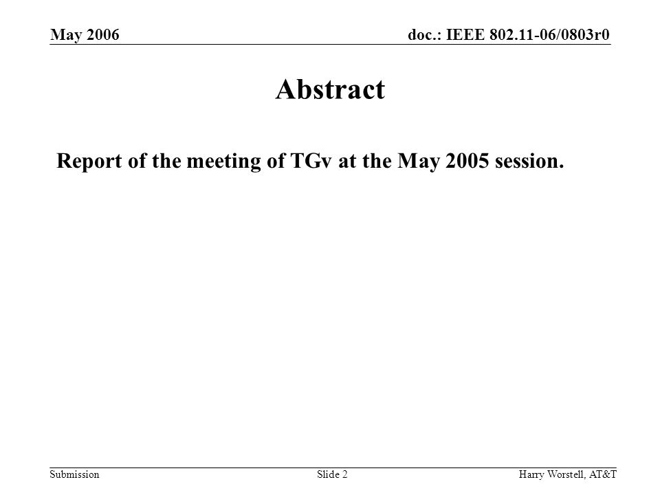 doc.: IEEE /0803r0 Submission May 2006 Harry Worstell, AT&TSlide 2 Abstract Report of the meeting of TGv at the May 2005 session.