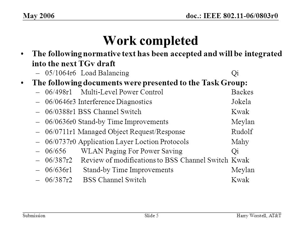 doc.: IEEE /0803r0 Submission May 2006 Harry Worstell, AT&TSlide 5 Work completed The following normative text has been accepted and will be integrated into the next TGv draft –05/1064r6 Load BalancingQi The following documents were presented to the Task Group: –06/498r1Multi-Level Power Control Backes –06/0646r3 Interference DiagnosticsJokela –06/0388r1 BSS Channel Switch Kwak –06/0636r0 Stand-by Time Improvements Meylan –06/0711r1 Managed Object Request/Response Rudolf –06/0737r0 Application Layer Loction ProtocolsMahy –06/656WLAN Paging For Power Saving Qi –06/387r2Review of modifications to BSS Channel SwitchKwak –06/636r1 Stand-by Time ImprovementsMeylan –06/387r2 BSS Channel Switch Kwak