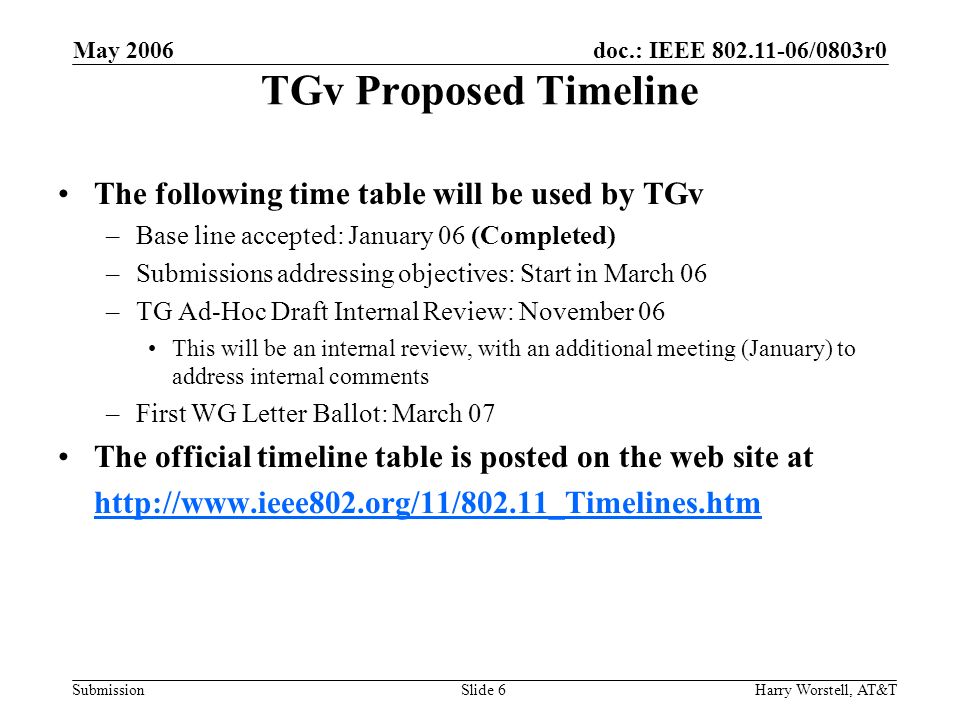 doc.: IEEE /0803r0 Submission May 2006 Harry Worstell, AT&TSlide 6 TGv Proposed Timeline The following time table will be used by TGv –Base line accepted: January 06 (Completed) –Submissions addressing objectives: Start in March 06 –TG Ad-Hoc Draft Internal Review: November 06 This will be an internal review, with an additional meeting (January) to address internal comments –First WG Letter Ballot: March 07 The official timeline table is posted on the web site at