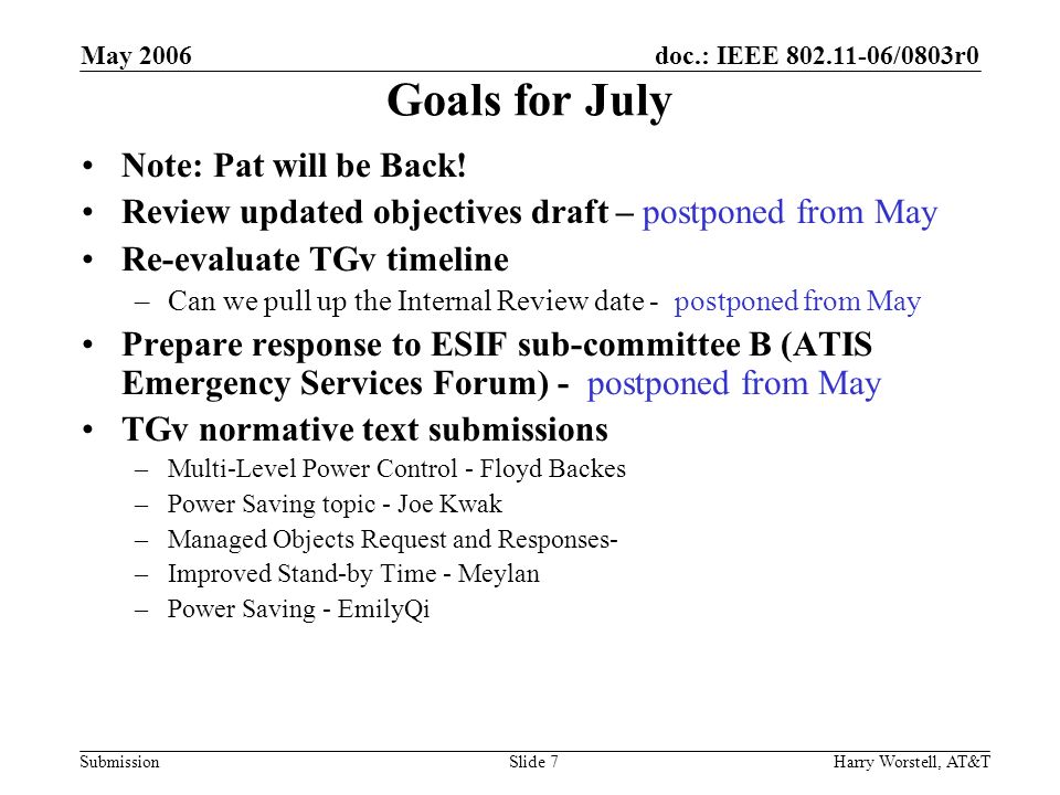 doc.: IEEE /0803r0 Submission May 2006 Harry Worstell, AT&TSlide 7 Goals for July Note: Pat will be Back.