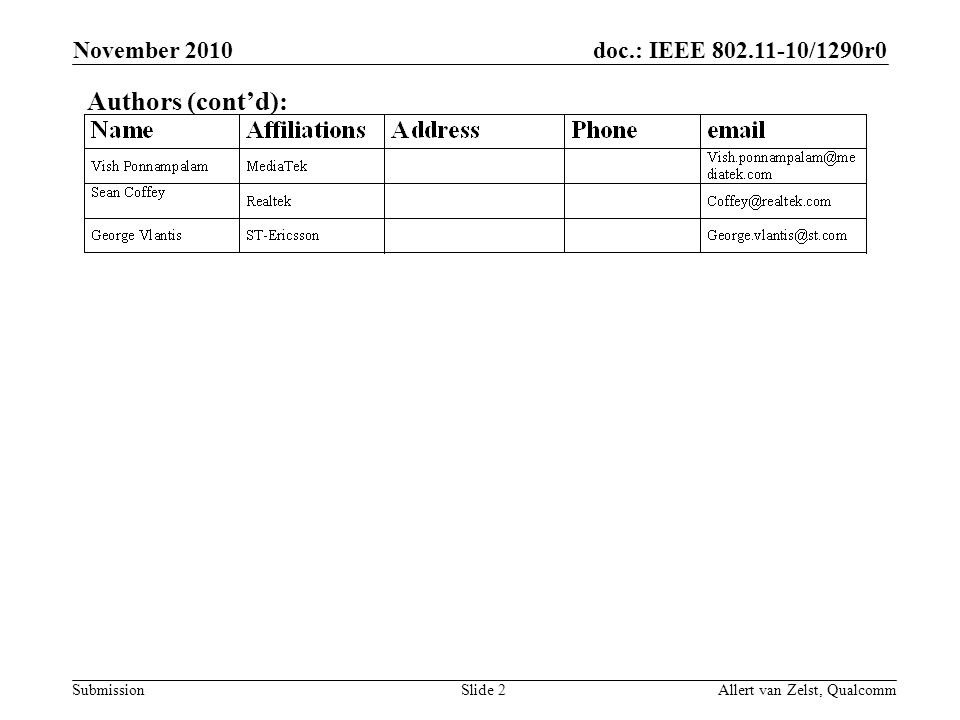 doc.: IEEE /1290r0 Submission November 2010 Allert van Zelst, QualcommSlide 2 Authors (contd):